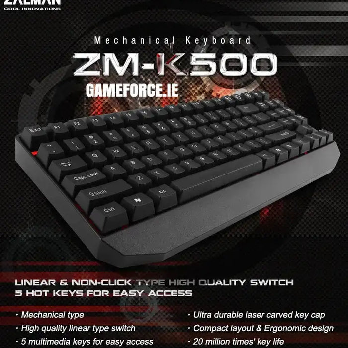 Zalman ZM-K500 Mechanical Gaming Keyboard - sleek design showcased by GAMEFORCE.IE, Ireland's expert PC builders.