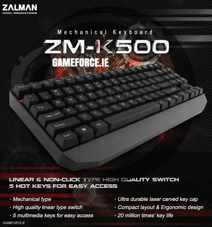 Zalman ZM-K500 Mechanical Gaming Keyboard - sleek design showcased by GAMEFORCE.IE, Ireland's expert PC builders.