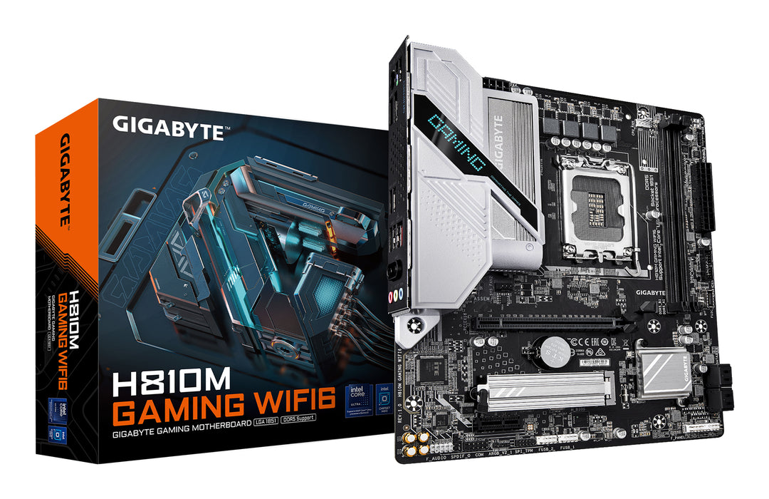 GIGABYTE H810M GAMING WIFI6 Motherboard - Intel Core Ultra (Series 2) CPUs, 4+1+2 Phases VRM, up to 6400MHz DDR5, 1xPCIe 4.0 M.2, 2.5GbE LAN, WIFI 6, USB 3.2 Gen 1