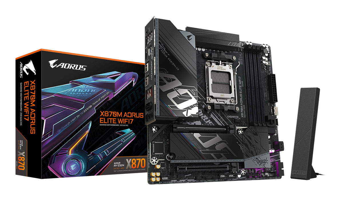 GIGABYTE X870M AORUS ELITE WIFI7 Motherboard - Supports AMD Ryzen 9000 CPUs, 14+2+2 Phases Digital VRM, up to 8200Hz DDR5 (OC), 1xPCIe 5.0 + 1xPCIe 4.0, Wi-Fi 7, 2.5 GbE LAN, USB 4