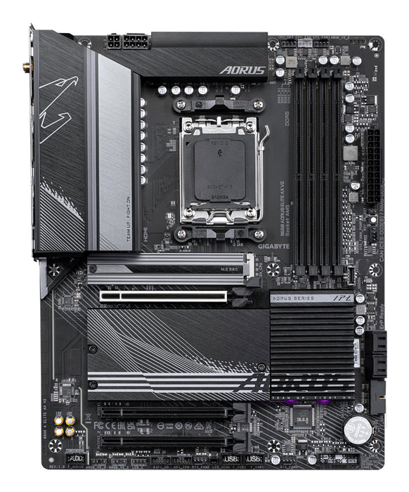 GIGABYTE B650 AORUS ELITE AX V2 Motherboard - AMD Ryzen 9000 Series CPUs, 12+2+2 Phases VRM, up to 8000MHz DDR5 (OC), 1xPCIe 5.0 + 2xPCIe 4.0 M.2, 2.5GbE LAN, WIFI 6E, USB 3.2 Gen 2