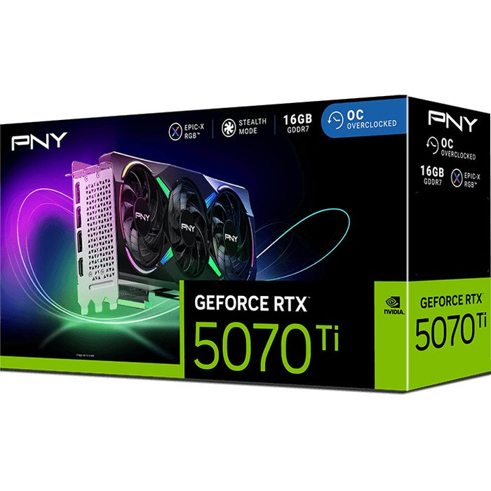 Tarjeta gráfica PNY GeForce RTX 5070 Ti ARGB EPIC-X RGB OC de triple ventilador, 16 GB de memoria GDDR7 de 256 bits, velocidad de reloj de 2,3 GHz, velocidad de memoria de 28 Gbps, 8960 núcleos CUDA, PCI-Express 5.0