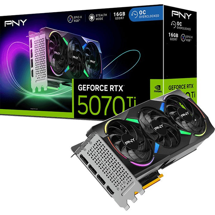 Tarjeta gráfica PNY GeForce RTX 5070 Ti ARGB EPIC-X RGB OC de triple ventilador, 16 GB de memoria GDDR7 de 256 bits, velocidad de reloj de 2,3 GHz, velocidad de memoria de 28 Gbps, 8960 núcleos CUDA, PCI-Express 5.0