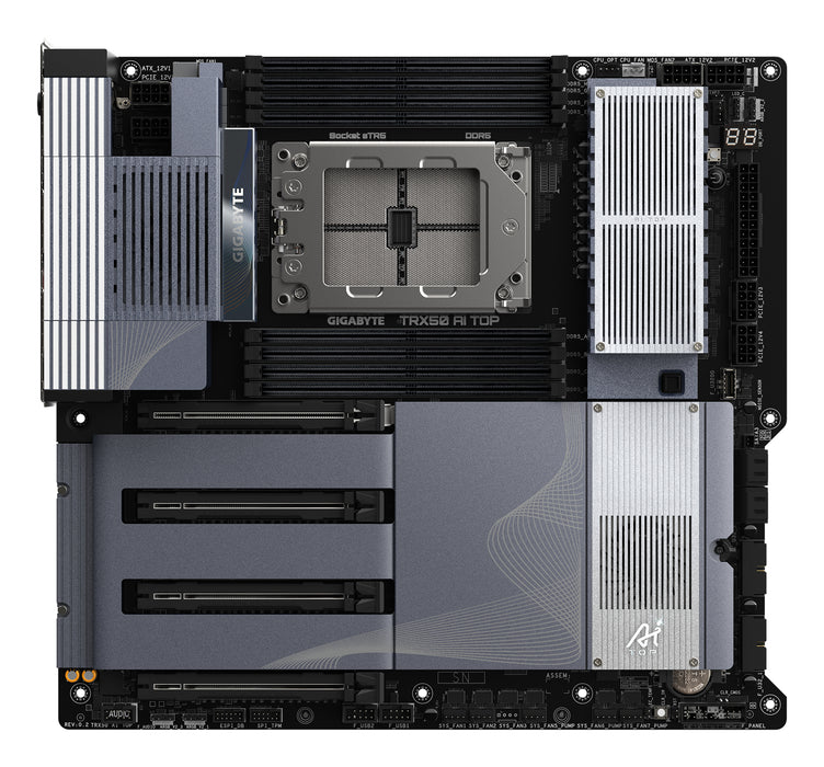 GIGABYTE TRX50 AI TOP-2B Motherboard - AMD Ryzen Threadripper PRO 7000 CPUs, 16+8+4 Phases Digital VRM, up to 5200 MHz DDR5, 4xPCIe 5.0 M.2, Wi-Fi 7, 10 GbE LAN, USB 4