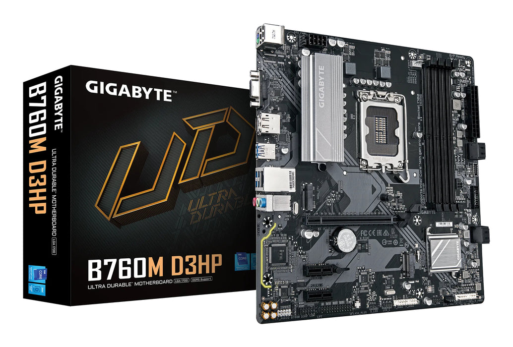 GIGABYTE B760M D3HP Motherboard - Intel Core 14th Gen CPUs, 4+1+1 Phases VRM, up to 5600MHz DDR5, 2xPCIe 4.0 M.2, GbE LAN, USB 3.2 Gen 1