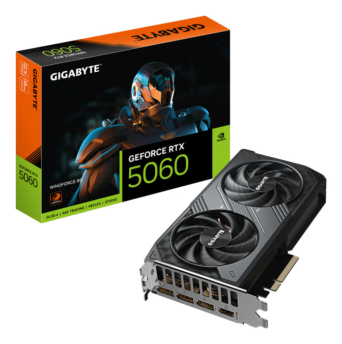 GIGABYTE GeForce RTX 5060 WINDFORCE 8G Graphics Card - 8GB GDDR7, 128bit, PCI-E 5.0, 2497 MHz Core Clock, 3 x DisplayPort, 1 x HDMI, GV-N5060WF2-8GD
