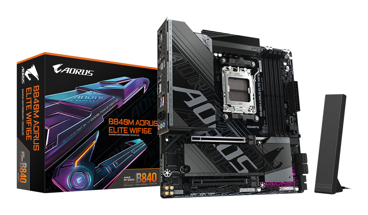 GIGABYTE B840M AORUS ELITE WIFI6E Motherboard - AMD Ryzen 9000 CPUs, 10+2+2 Phases VRM, up to 8200MHz DDR5(O.C), 2xPCIe 4.0 M.2, Wi-Fi 6E, 2.5GbE LAN, USB 3.2 Gen 2