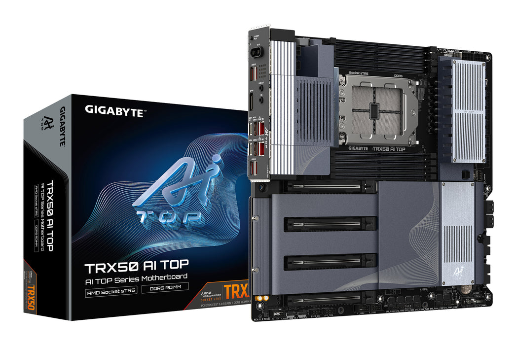 GIGABYTE TRX50 AI TOP-2B Motherboard - AMD Ryzen Threadripper PRO 7000 CPUs, 16+8+4 Phases Digital VRM, up to 5200 MHz DDR5, 4xPCIe 5.0 M.2, Wi-Fi 7, 10 GbE LAN, USB 4