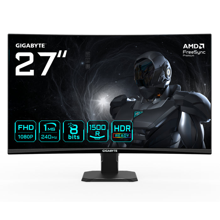 GIGABYTE GS27FC2 27" FHD Curved Gaming Monitor - 1920 x 1080, 240Hz, 1, 350 cd/m², HDR Ready, HDMI 2.0, Displayport 1.4